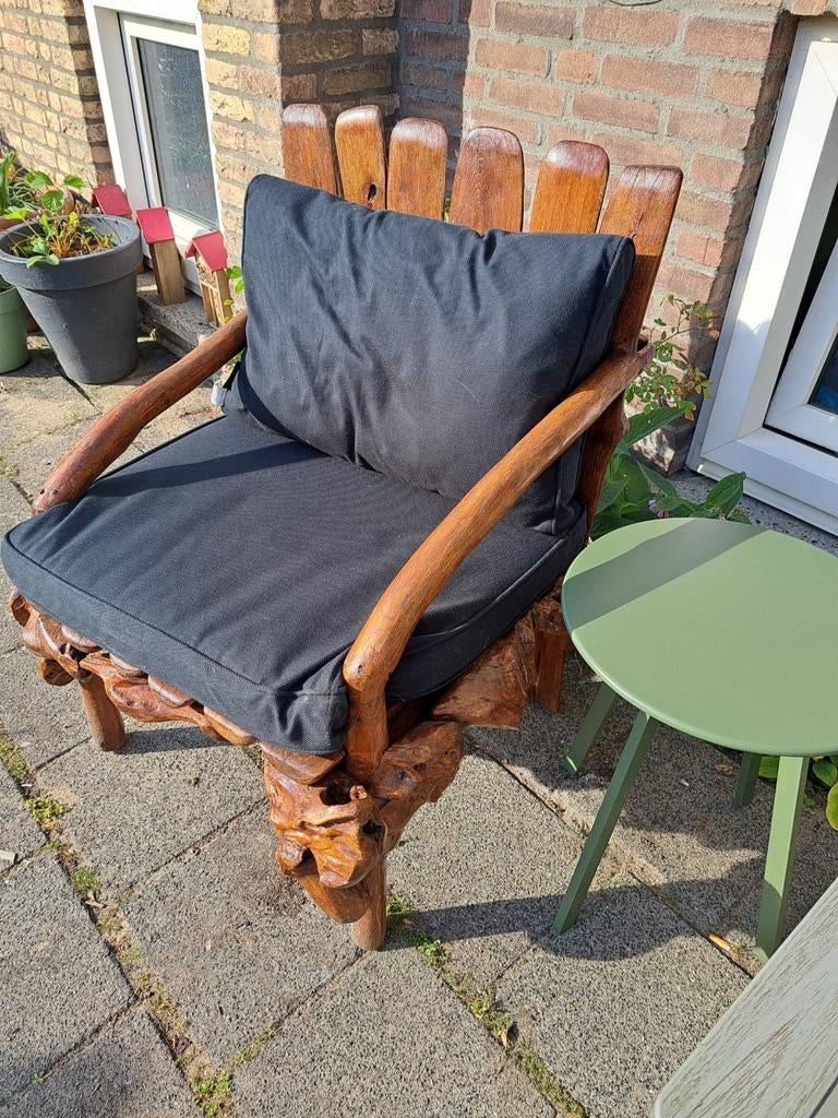 Stevige houten stoel met drijfhout details en kussen, Ophalen