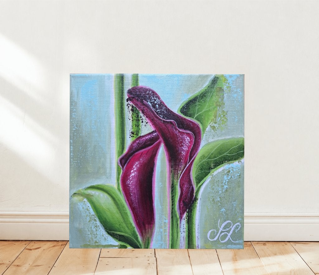 Original Calla Lily Acrylic Painting on Canvas. (20x20 cm), Bloemen, Acrylverf, Expressionistisch, Gesigneerd