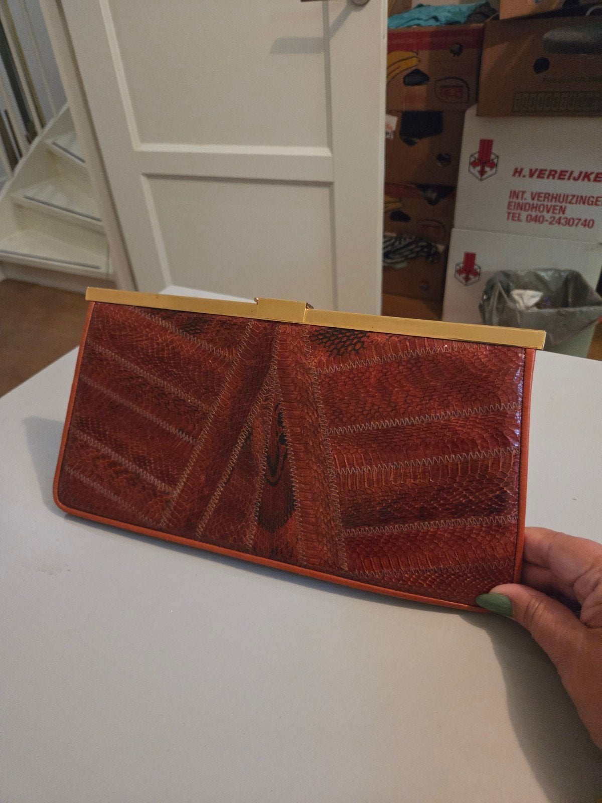 Vintage Pelleterie 3C Avondtasje Slangenleer k, Ophalen of Verzenden, Gebruikt, Bruin, Avondtasje