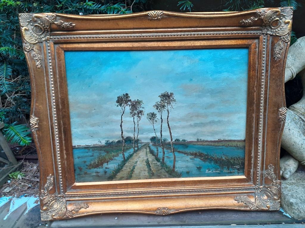 Olieverf Schilderij in Sierlijst "Landschap" gesigneerd, Ophalen of Verzenden