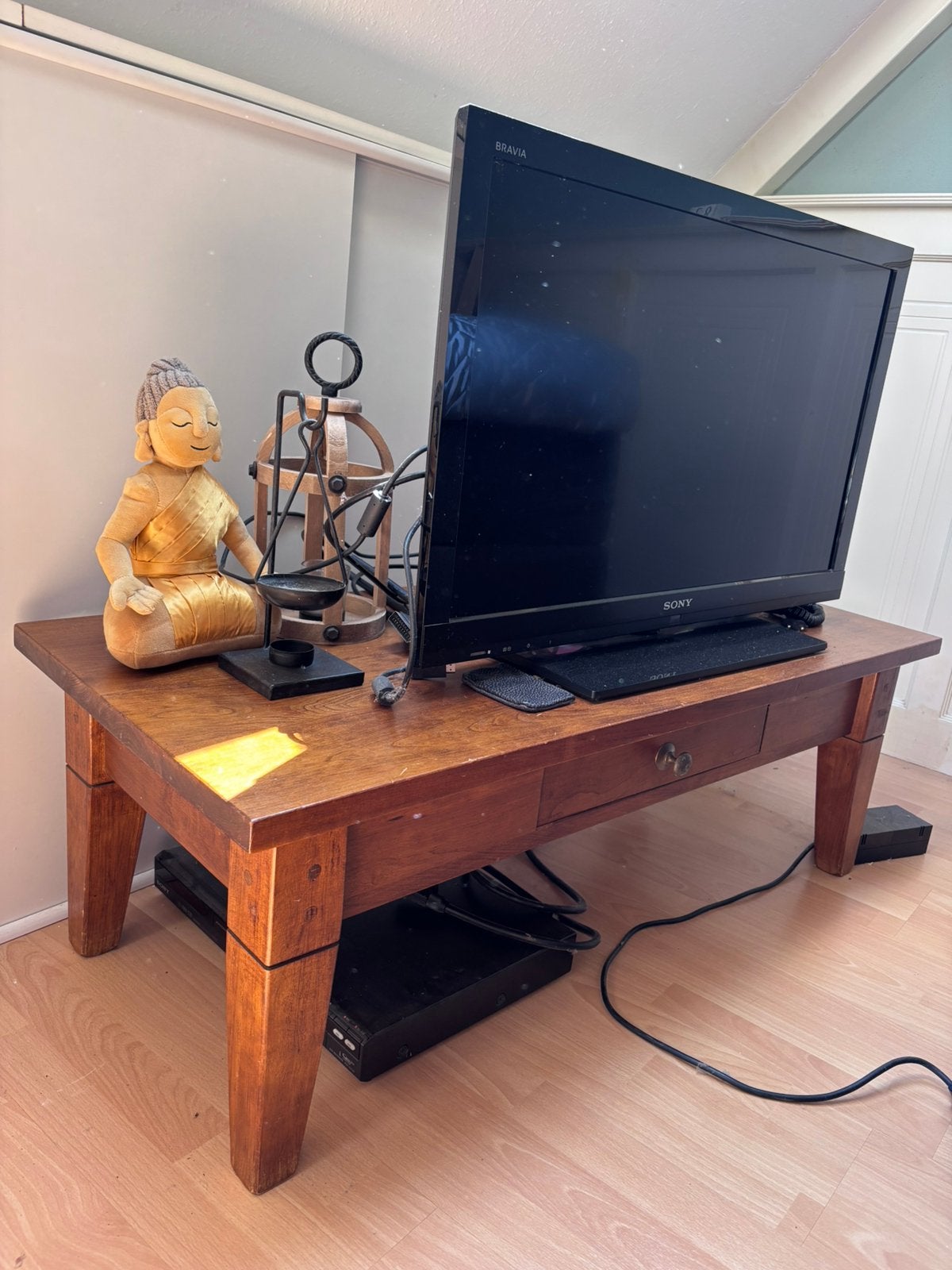 Teak houten tv kastje met lade!, Ophalen, Gebruikt, 100 tot 150 cm, Teakhout