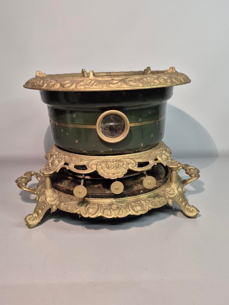 Antieke petroleumstel groen met goud/messing, Antiek en Kunst, Antiek | Emaille, Ophalen of Verzenden