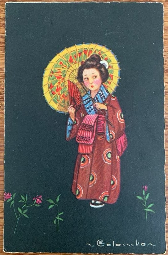 Oude ansichtkaart Japanse dame met parasol, 1929, Ophalen of Verzenden, 1920 tot 1940, Gelopen, Buiten Europa
