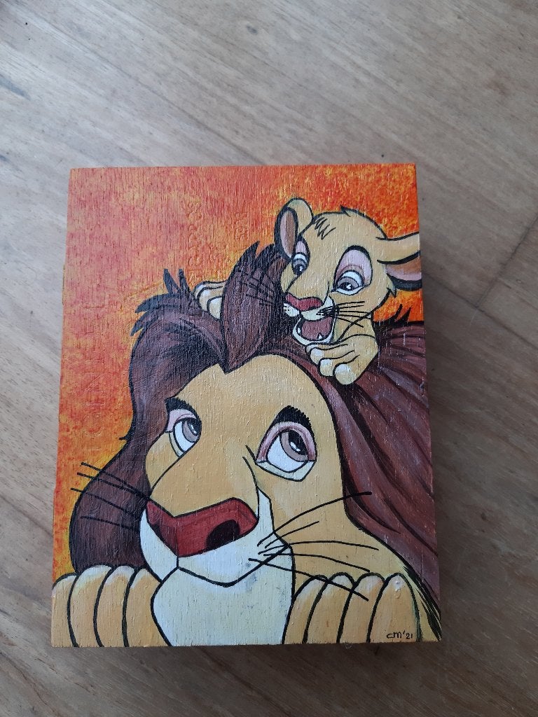 Beschilderd houten doosje : Lion King, Ophalen, Minder dan 50 cm, Oorspronkelijke maker, Overige typen