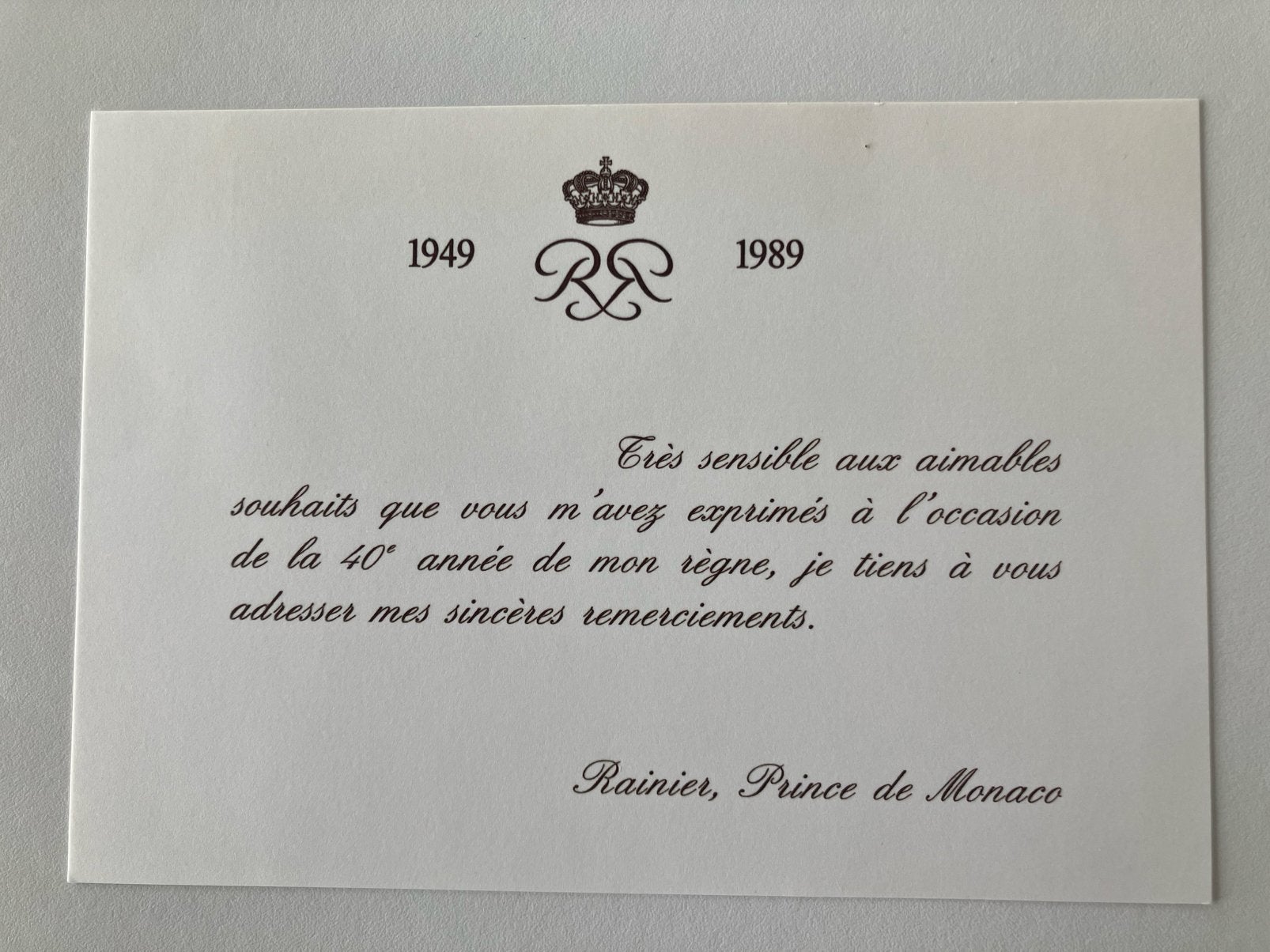 40-jarig regeringsjubileum Prins Rainer van Monaco, 1989, Verzenden, Zo goed als nieuw, Kaart, Foto of Prent