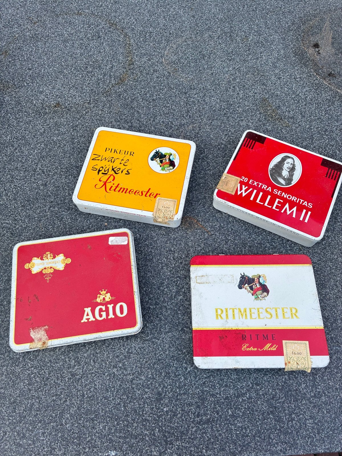 Set van 4 Vintage Sigarenblikjes - Ritmeester, Willem II, Ag, Ophalen of Verzenden, Gebruikt, Gebruiksvoorwerp