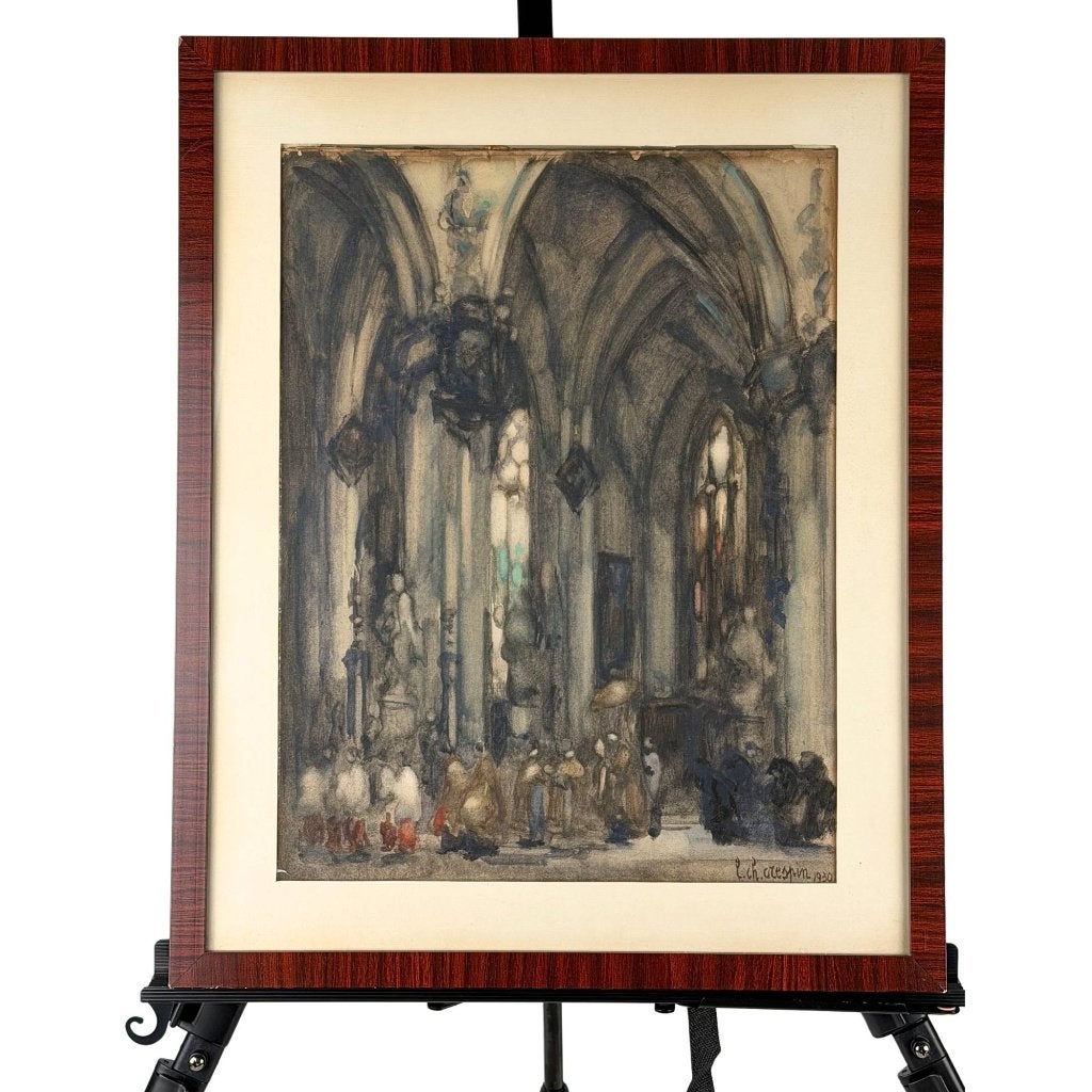 54 x 43 cm Antiek Kerkinterieur – Crespin, Ophalen of Verzenden, Schilderij, 53 cm, Papier/karton