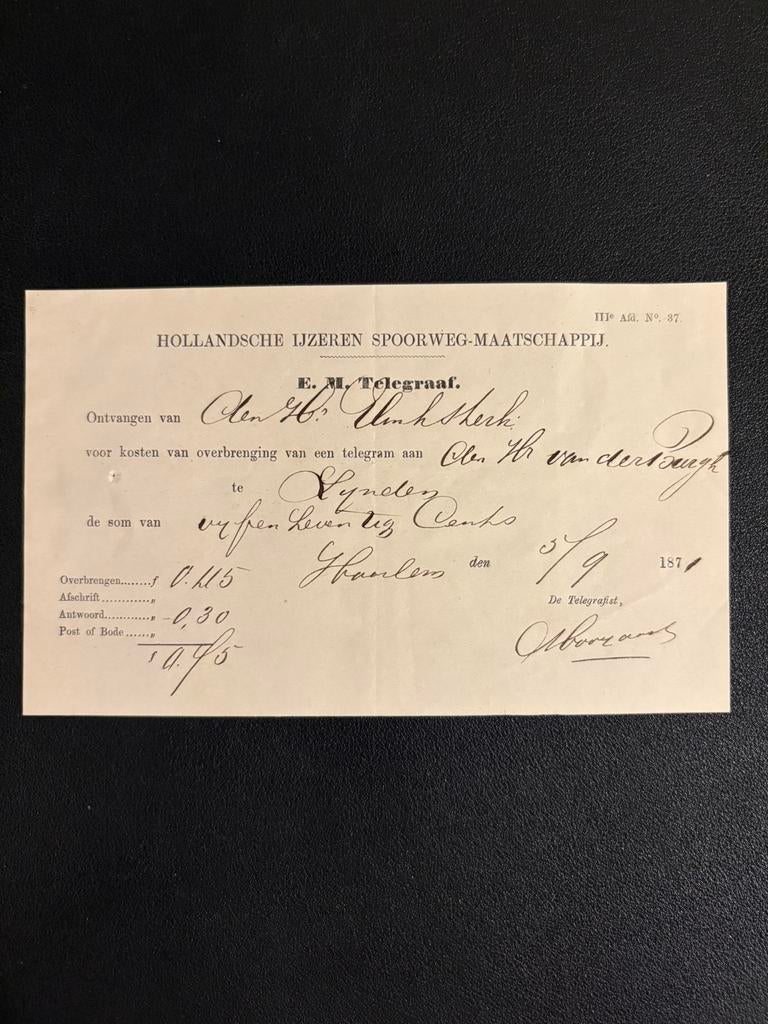 Kwitantie HIJSM verzenden telegram (5 september 1871), Verzamelen, Ophalen of Verzenden, Gebruikt, Trein