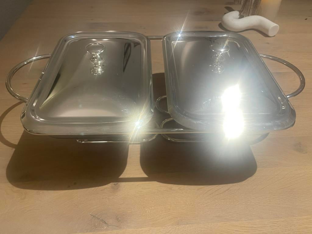 Vintage Marinex buffet warmhouder set – glazen schalen met d, Gebruikt, Ophalen of Verzenden, Overige stijlen, Glas