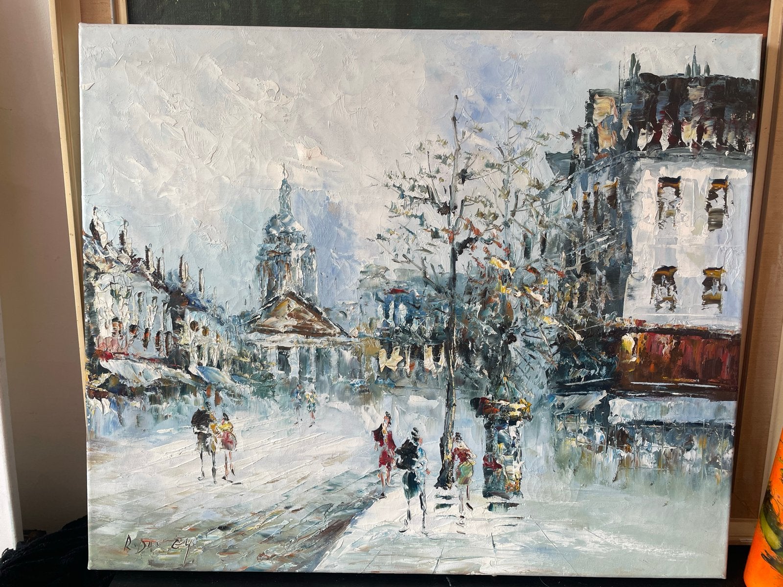 Schilderij Stadsgezicht Winter Olieverf op Doek Gesigneerd, Ophalen, Doek, Realistisch, Gesigneerd