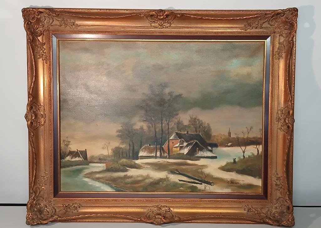 Oud Schilderij Winter Landschap Kunst Brocante Lijst Verguld, Ophalen of Verzenden