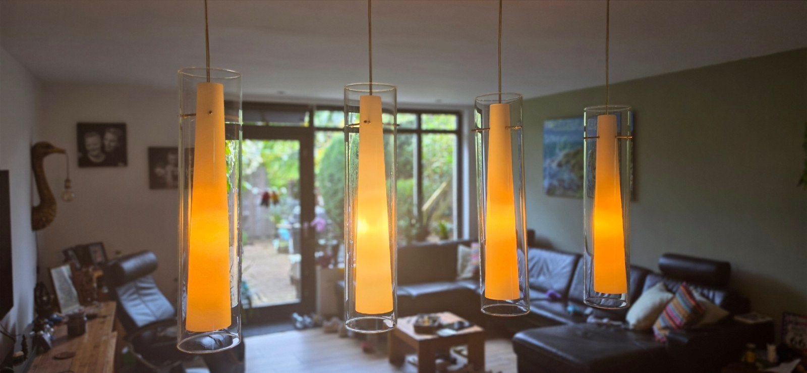 Moderne hanglamp met 4 glazen cilinders, Gebruikt, E14 (klein), Ophalen of Verzenden, Glas