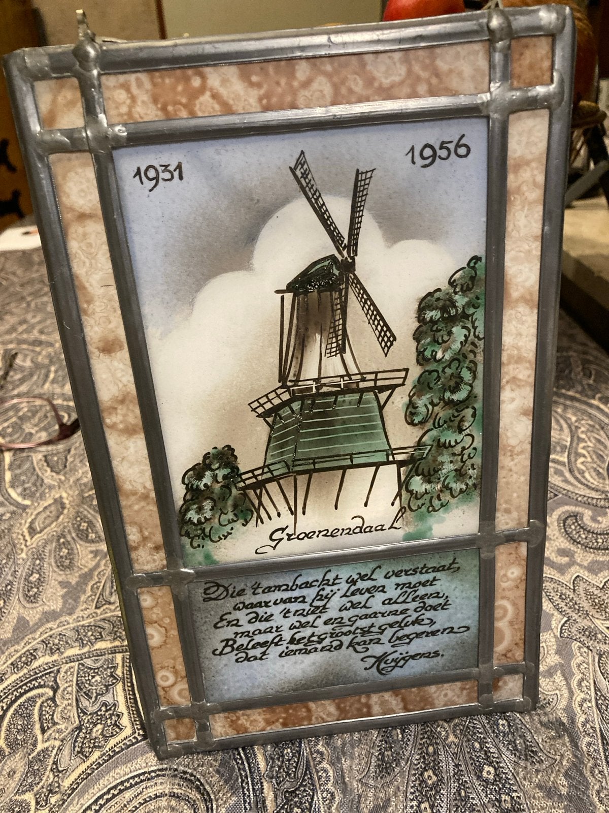 Vintage Glas-in-lood paneel met molen Groenendaal, Ophalen of Verzenden
