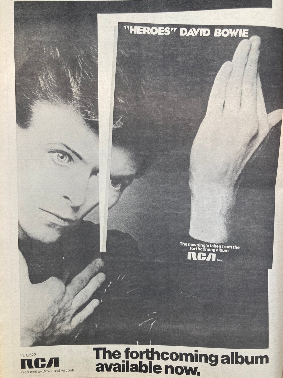 Paginagrote A3 advertentie DAVID BOWIE Heroes release, Verzamelen, Posters, Ophalen of Verzenden, Zo goed als nieuw, A1 t/m A3