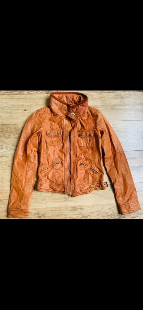 Echt leren jasje mosterdgeel mt S, Geel, Zo goed als nieuw, Maat 36 (S), Bershka