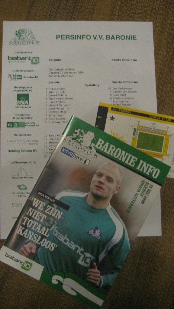 Programmaboekje vv Baronie - Sparta Rotterdam (22-12-2009), Ophalen of Verzenden, Nieuw, Sparta, Boek of Tijdschrift