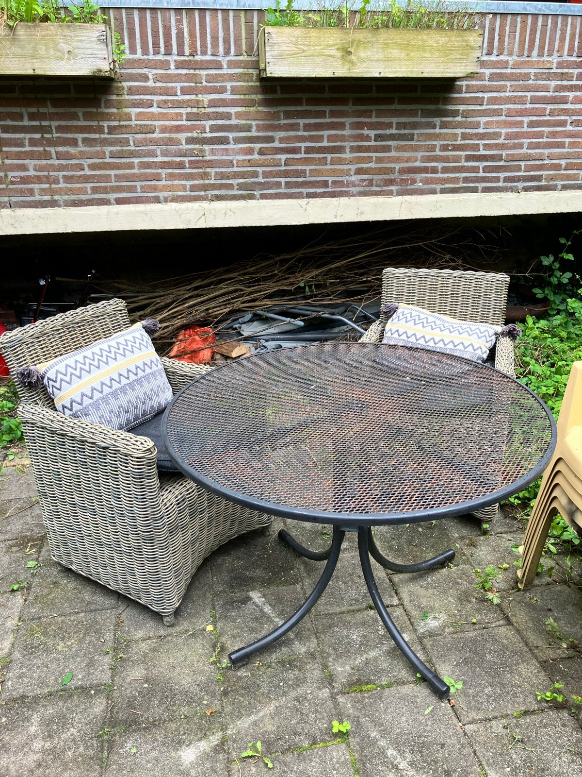 Ronde metalen buitentafel, evt incl stoelen!, Tuin en Terras, Tuintafels, Ophalen, Gebruikt, Rond, Metaal