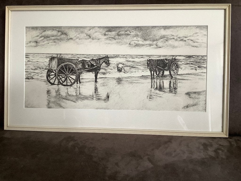 Gravure strandtafereel gemaakt door Cees Bijman, Antiek en Kunst, Ophalen, 41 cm, 72 cm, Ingelijst