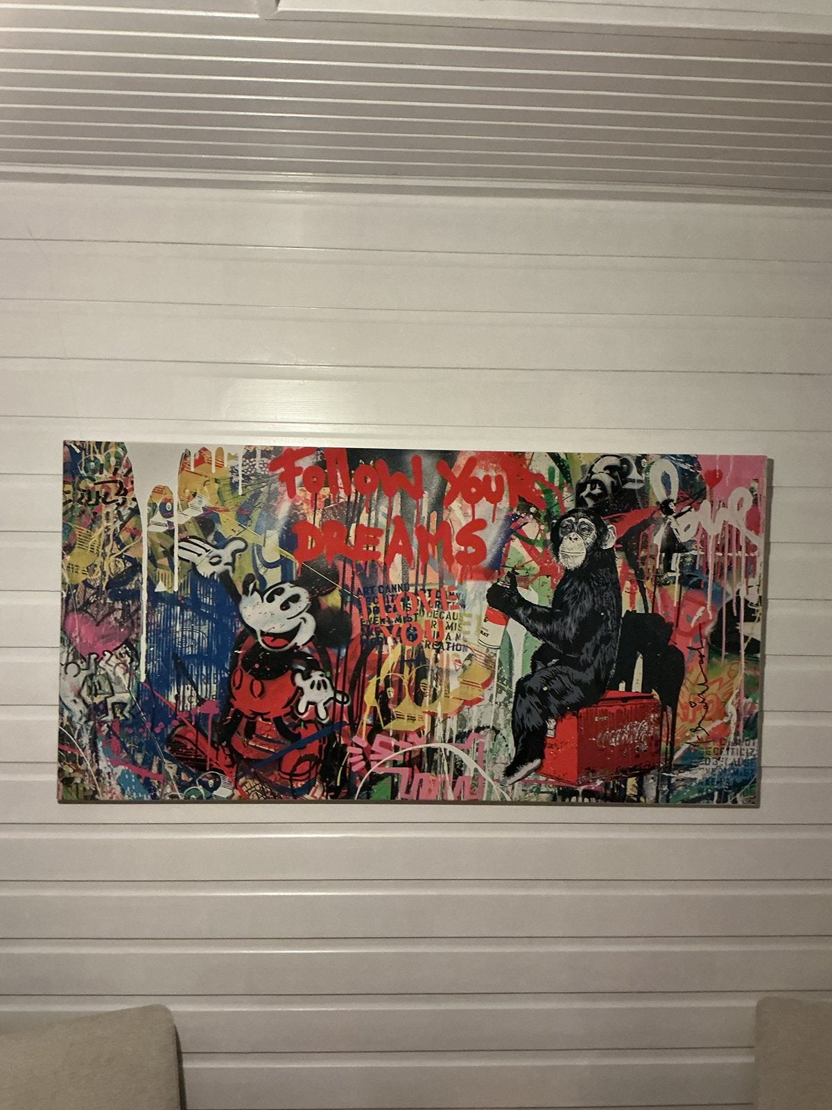 Modern Schilderij Mickey Mouse Aap Graffiti 140x70cm, Ophalen, Overige technieken, Textiel, Stripfiguren/cartoons