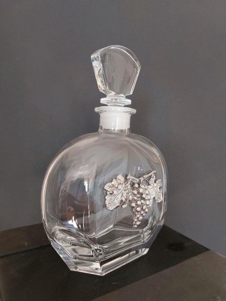 Vintage kristallen karaf met tinnen druiven ornament, Ophalen of Verzenden