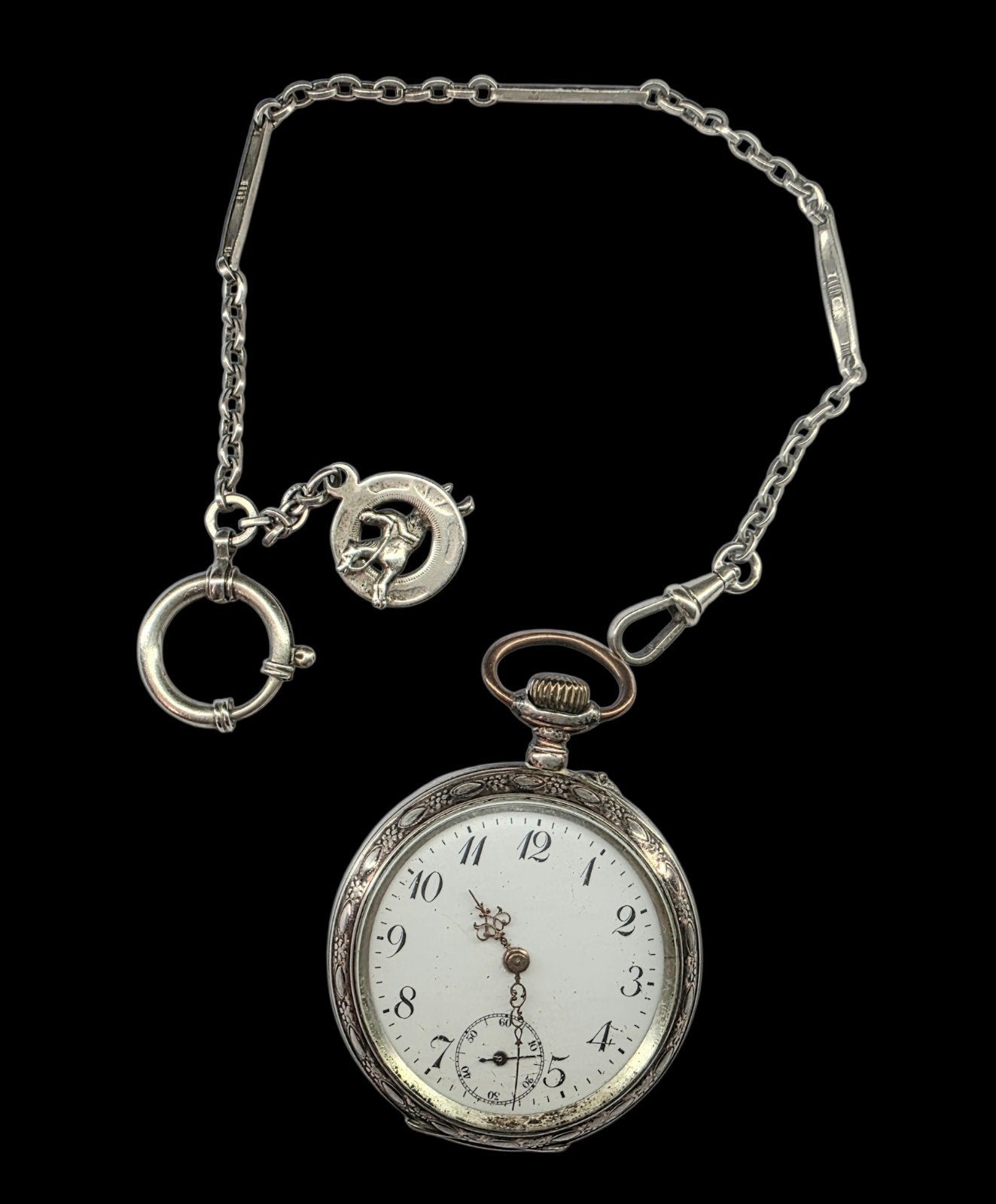 Prachtig zilveren paarden zakhorloge met bijpassende ketting, Sieraden, Tassen en Uiterlijk, Horloges | Antiek, Overige merken