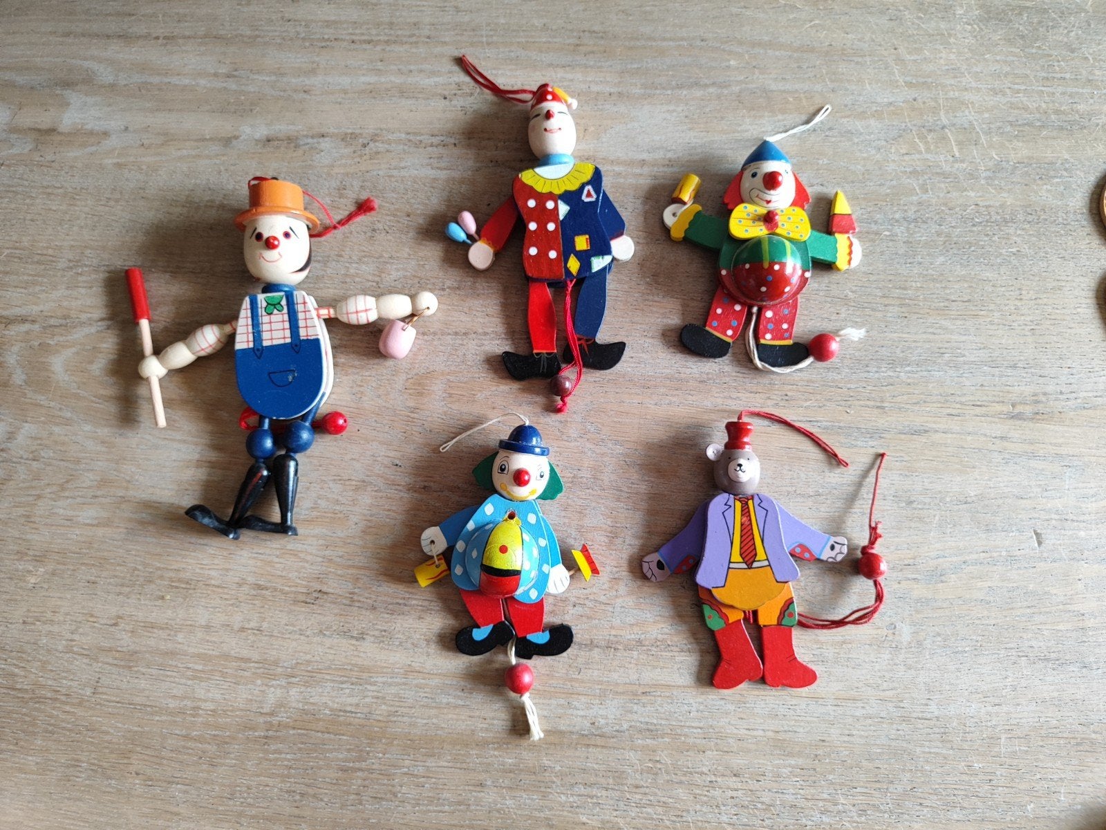 Set van 5 Vintage Houten Trekpoppen - Clowns en Boer, Ophalen of Verzenden, Gebruikt, Jongen of Meisje