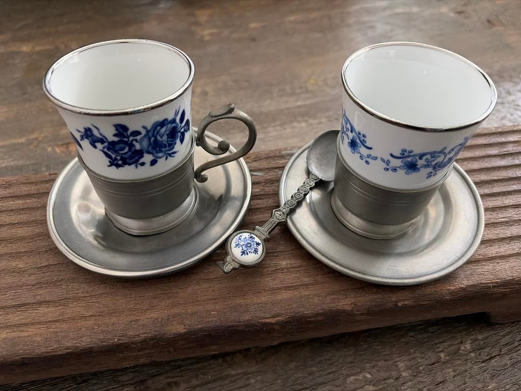 Vintage Tinnen Espresso/Theekopjes met Delfsblauw Decor, Ophalen of Verzenden