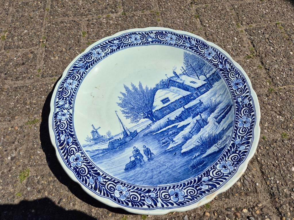 Grote Delfts Blauwe Wandbord 40cm - Winterlandschap, Antiek en Kunst, Ophalen of Verzenden