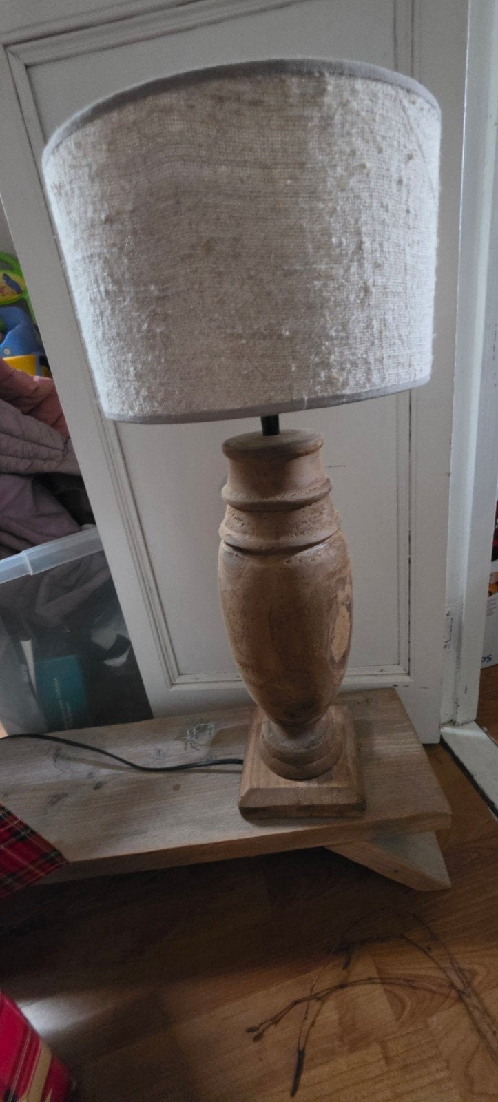 Houten tafellamp met stoffen kap, Gebruikt, Met kap, Schemerlamp, Landelijk