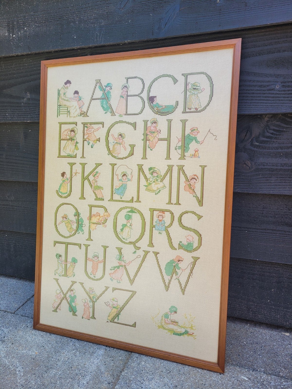 Alfabet geborduurd en ingelijst met ontspiegeld glas 50 x 70, Ophalen, Meerkleurig, Textiel, Klassiek