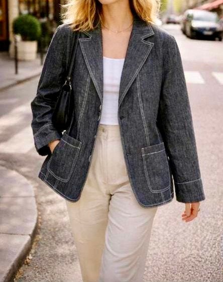 Mooie linnen blazer jas, 40, Delmod, Kleding | Dames, Jasjes, Kostuums en Pakken, Maat 38/40 (M), Blauw, Ophalen of Verzenden