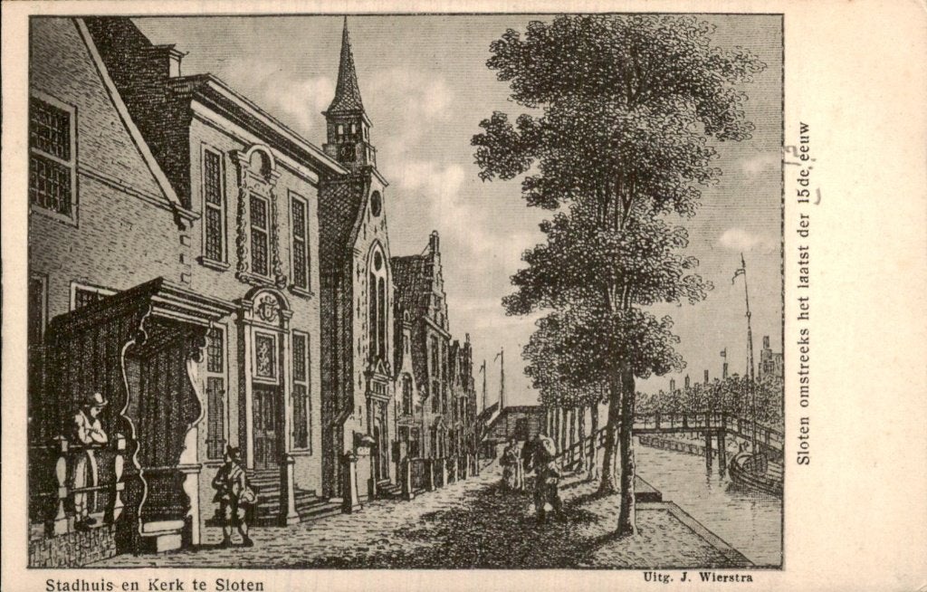 Sloten - Stadhuis en Kerk - Straatzicht, Ophalen of Verzenden, Voor 1920, Ongelopen, Noord-Holland