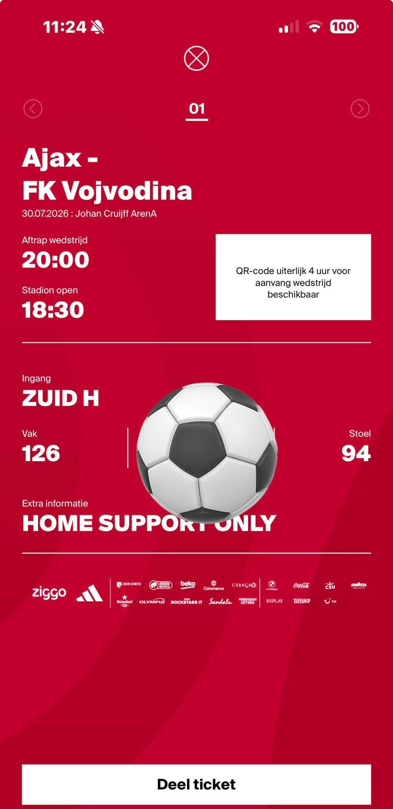 AJAX - Vojvodina 1 kaart Fside, Tickets en Kaartjes, Eén persoon