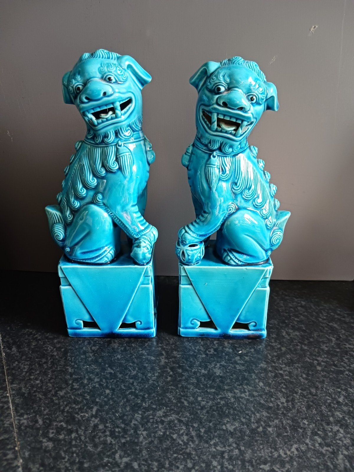 Set van 2 Aziatische Foo Dog beelden, turquoise keramiek, Ophalen of Verzenden, Beeld
