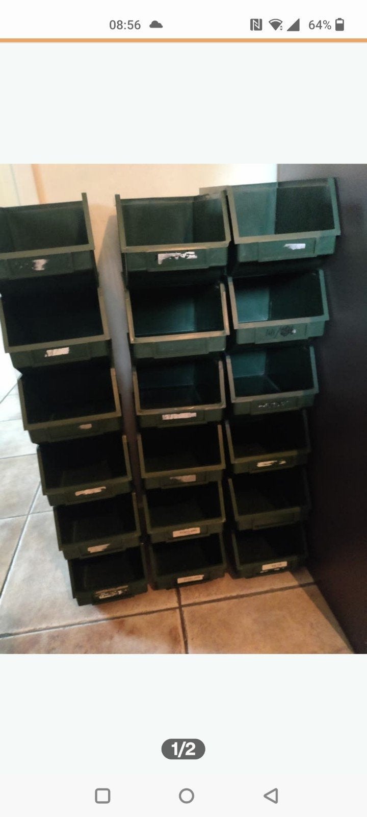 36 groene magazijn bakken, stapelbaar, Ophalen, Gebruikt, Minder dan 50 cm, Minder dan 40 cm