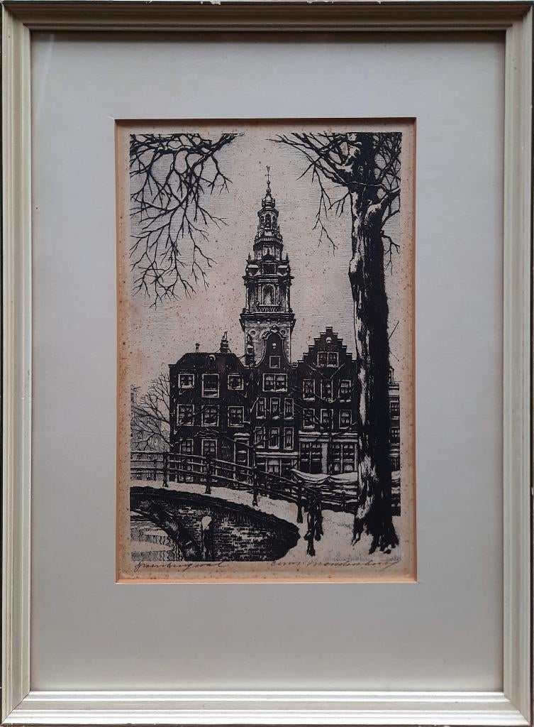 Groenburgwal - Kunstenaar: Cornelis Brandenburg, Antiek en Kunst, Kunst | Etsen en Gravures, Ingelijst, Ets, Stadsgezicht, Ophalen of Verzenden