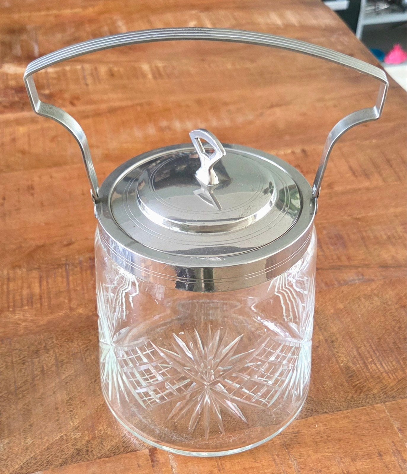 Vintage koekjespot / biscuit barrel – geslepen glas & verzil, Ophalen of Verzenden