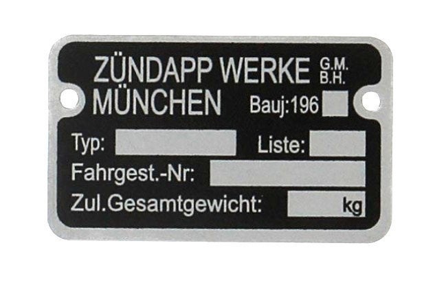 Zundapp typeplaat t.b.v. blok en frame, Ophalen of Verzenden, Gebruikt, Blok