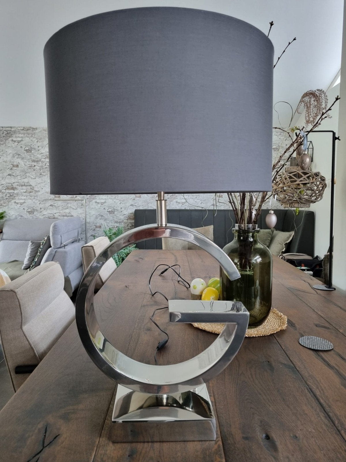 Moderne design tafellamp met grijze kap, Textiel, Met kap, Ophalen of Verzenden, Zo goed als nieuw