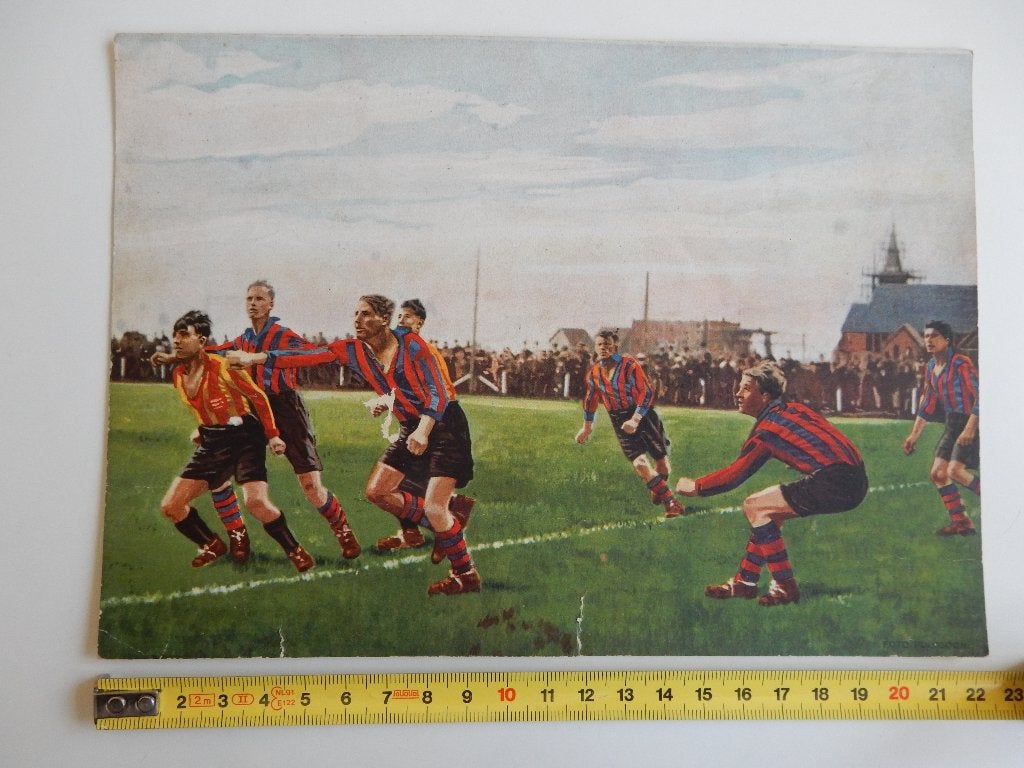 Voetbalwedstrijd jaren '30 Miss Blanche nr. 4 aquarel repro, Gebruikt, Ophalen of Verzenden, Voor 1940, Prent