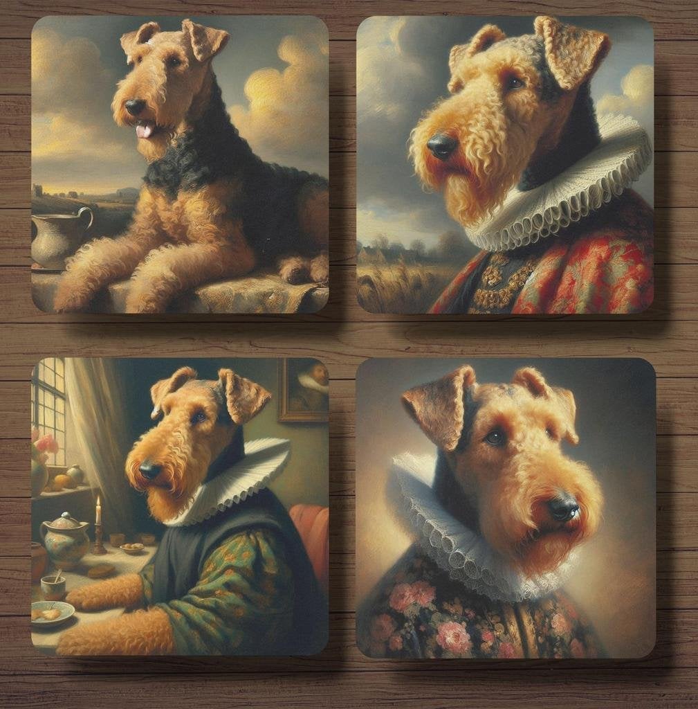 Airedale Terriër Rembrandt stijl onderzetters met houder, Ophalen of Verzenden, Nieuw