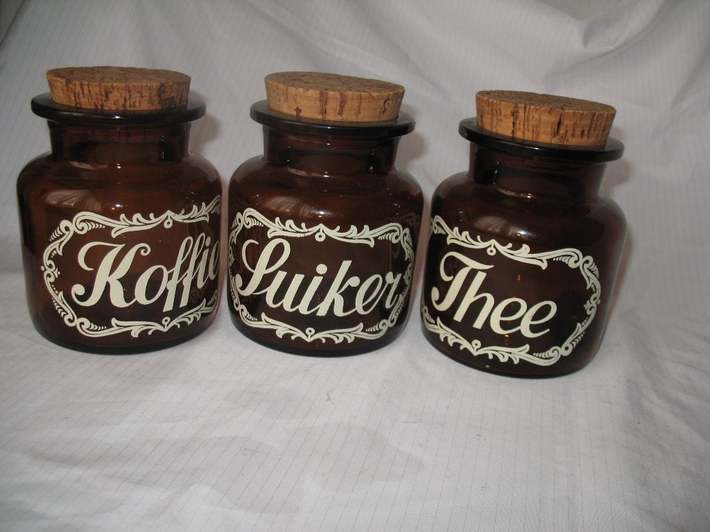 Vintage Koffie, Suiker, Thee Potten - Bruin Glas met Kurk, Antiek en Kunst, Ophalen of Verzenden