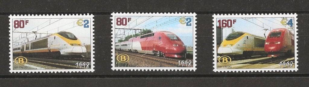 Belgie 3 zegels trein Eurostar en Thalys no TRV6/8 , postfr, Ophalen of Verzenden, Postfris