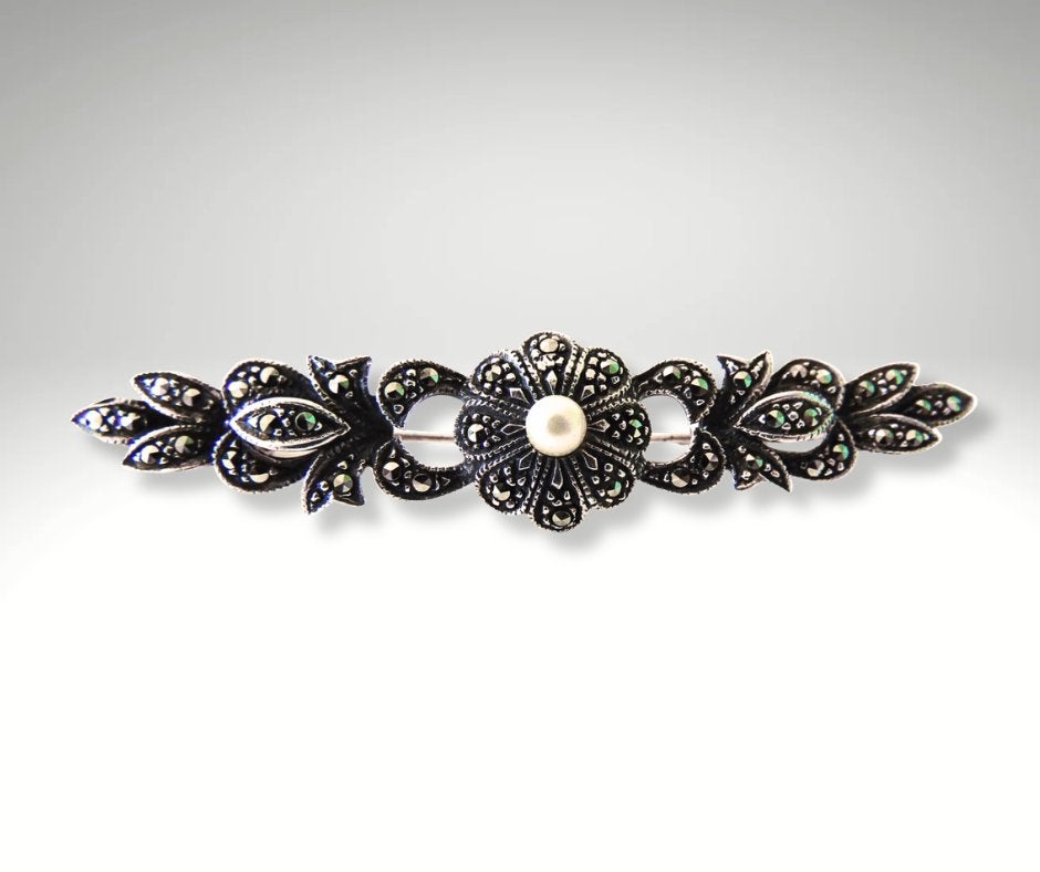 Prachtige 925 zilver ART DECO markasiet faux parel broche!, Met edelsteen, 4 tot 7 cm, Verzenden, Zo goed als nieuw