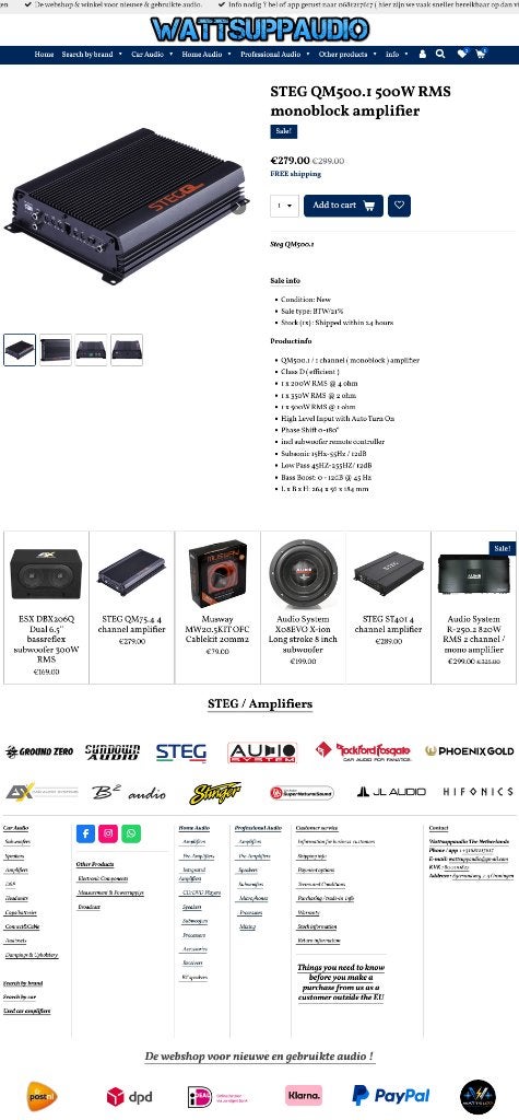 STEG QM500.1 Monoblok versterker 500W RMS SQ, Auto diversen, Autospeakers, Info@optimount.nl, Nieuw, Ophalen of Verzenden, Anholtseweg 48A 7091 HB DINXPERLO