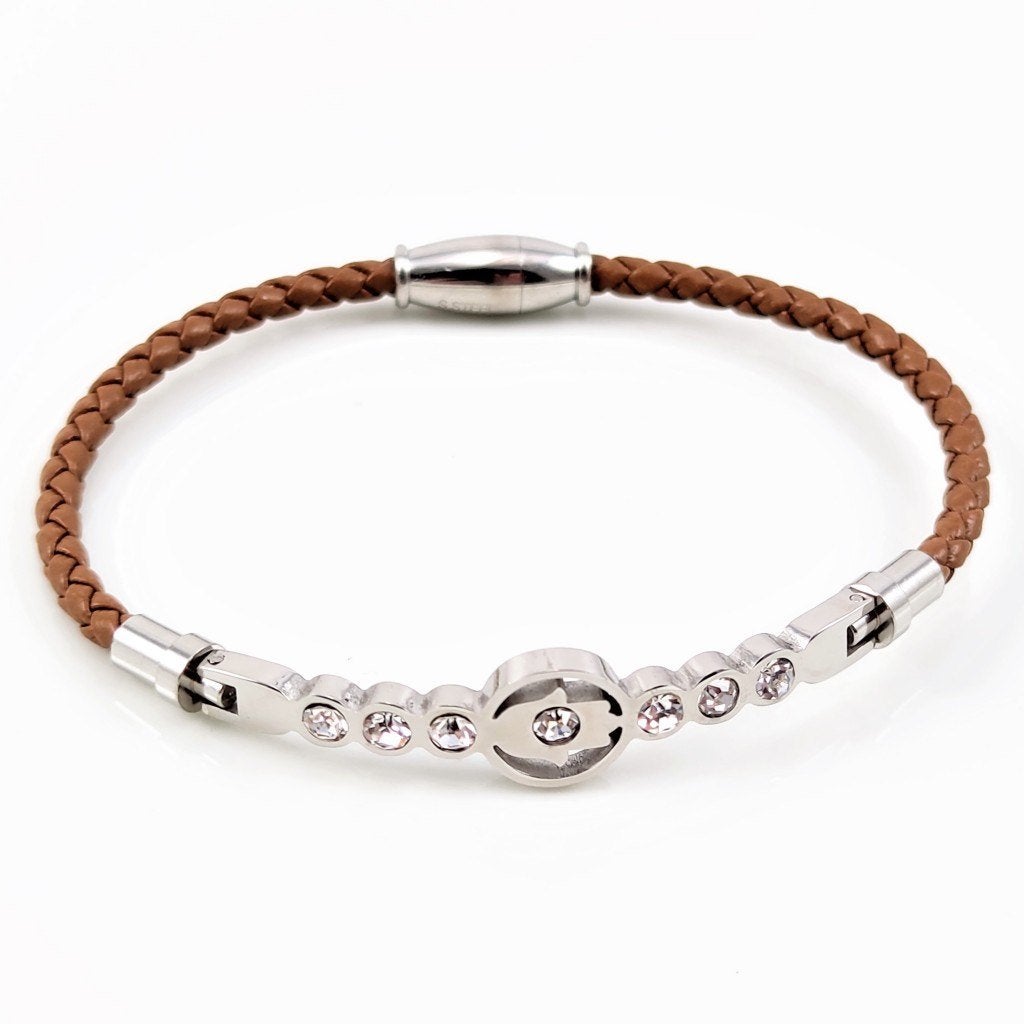 Bruin Leren Armband met Strass en Hand van Fatima, Verzenden, Nieuw, Leer, Esde2