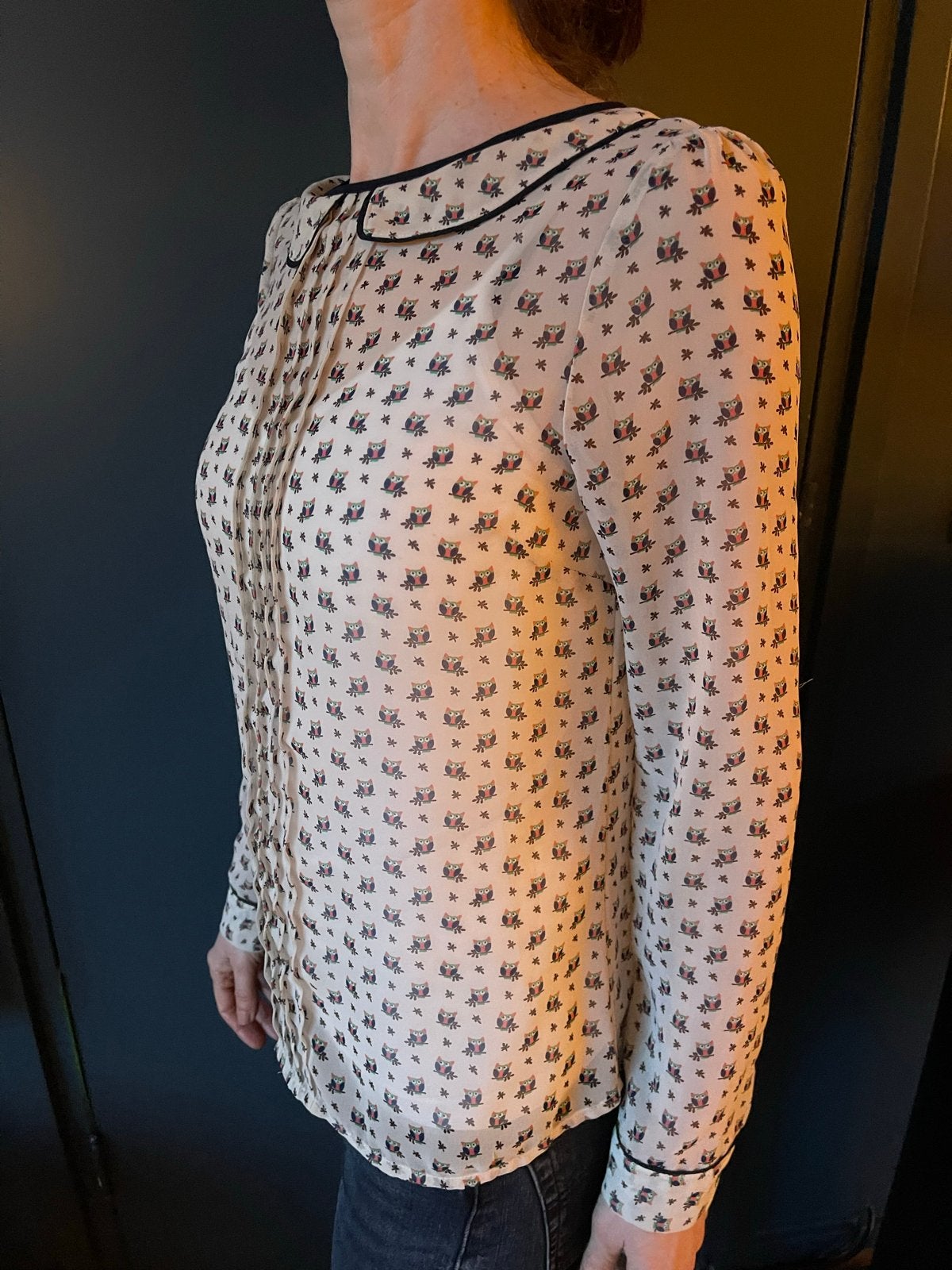 Next blouse met uiltjesprint en Peter Pan kraag, Ophalen of Verzenden, Zo goed als nieuw, Maat 34 (XS) of kleiner, Beige