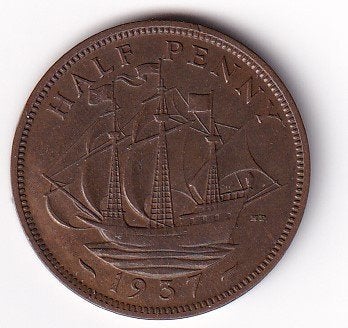 UK 1/2 Penny 1937  met randtikje, Verzenden, Overige landen, Losse munt