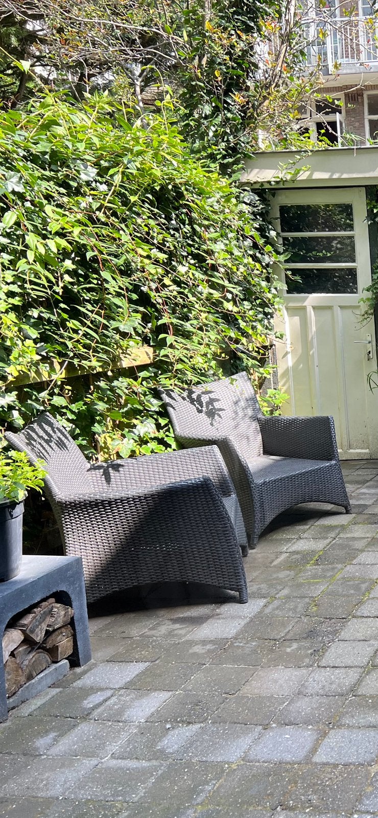 Tuinstoelen met bijzet tafel en kussens, Tuin en Terras, Tuinsets en Loungesets, Ophalen, Gebruikt, Wicker