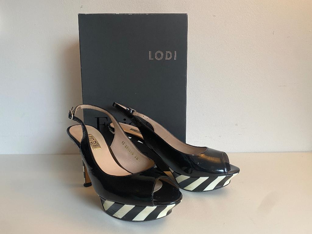 Lodi pump peeptoe lak zwart wit 38, Pumps, Verzenden, Zwart, Nieuw